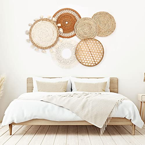 Boho Wall Baskets Decor Set of 6 Flat Woven Basket Wall Hanging Decor Round - Picture 6 of 7