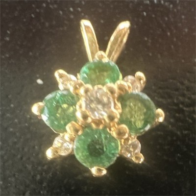 14k Gelbgold Anhänger 4 Smaragd rund 0,50ct. Natürlicher Diamant 0,06 cts 0,12mm 