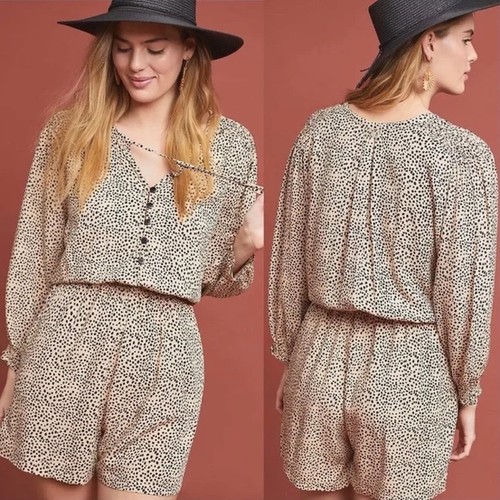 Beachgold Chelsea Tan Black Long Sleeve Coverup Polka Dot Romper Women's Small - Picture 16 of 16
