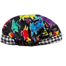 Vtg retro kids Beret cat kitten pattern medium Kidcore cap made in USA cotton