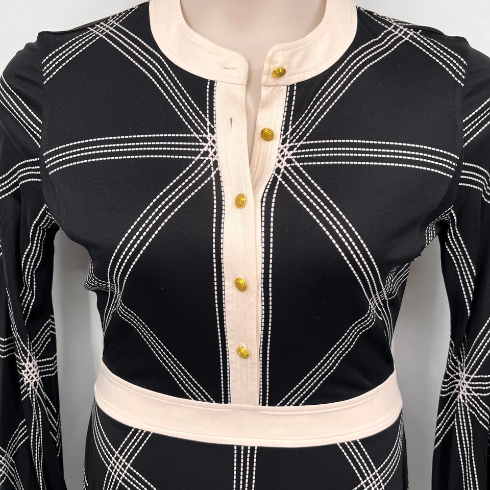 Vestido Tory Burch Anja Negro Puntada Diamante Talla M Mezcla Seda Midi Manga Larga Foto 4 de 4