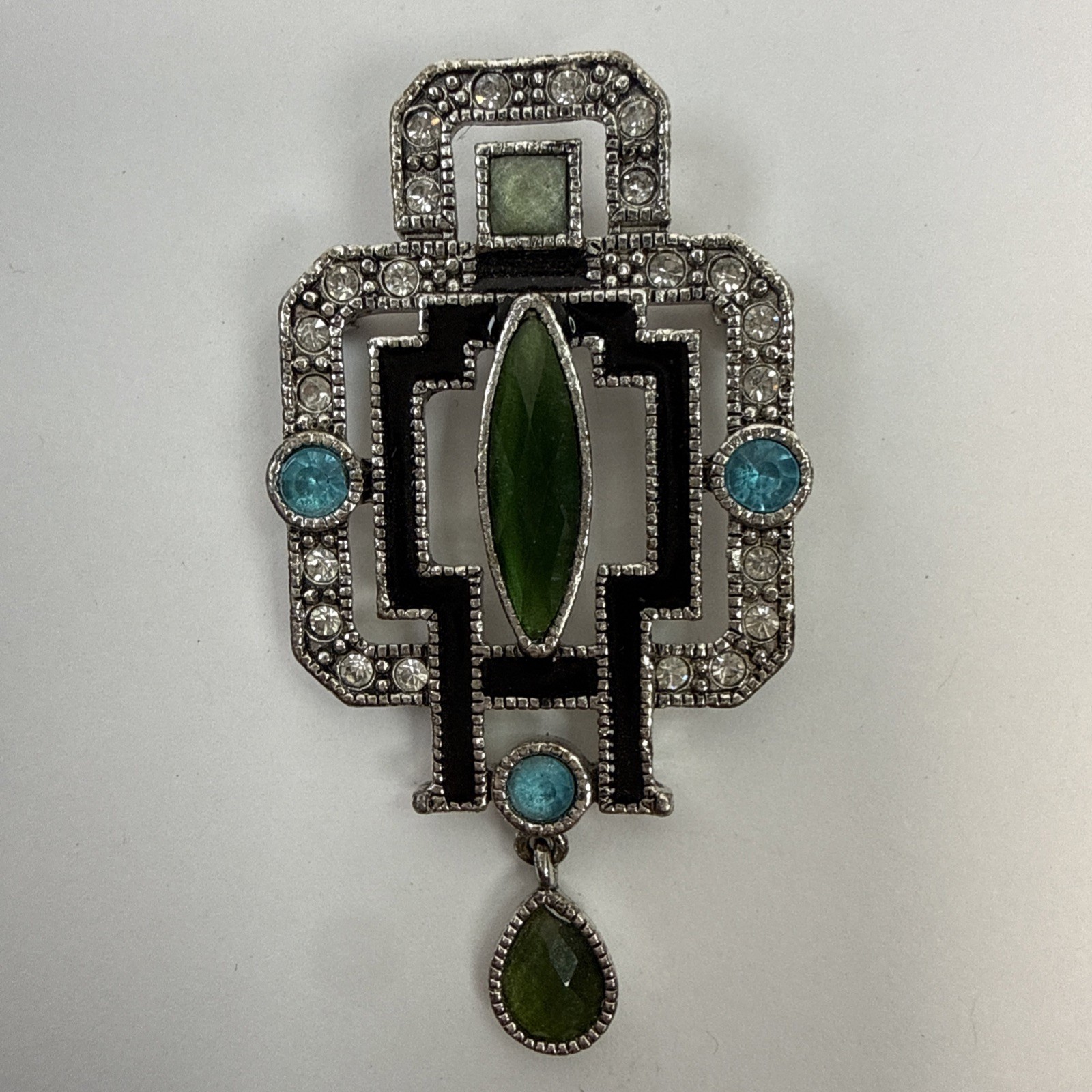 Vintage Art Deco Style Silver Tone Blue & Clear Stone Brooch/Pin