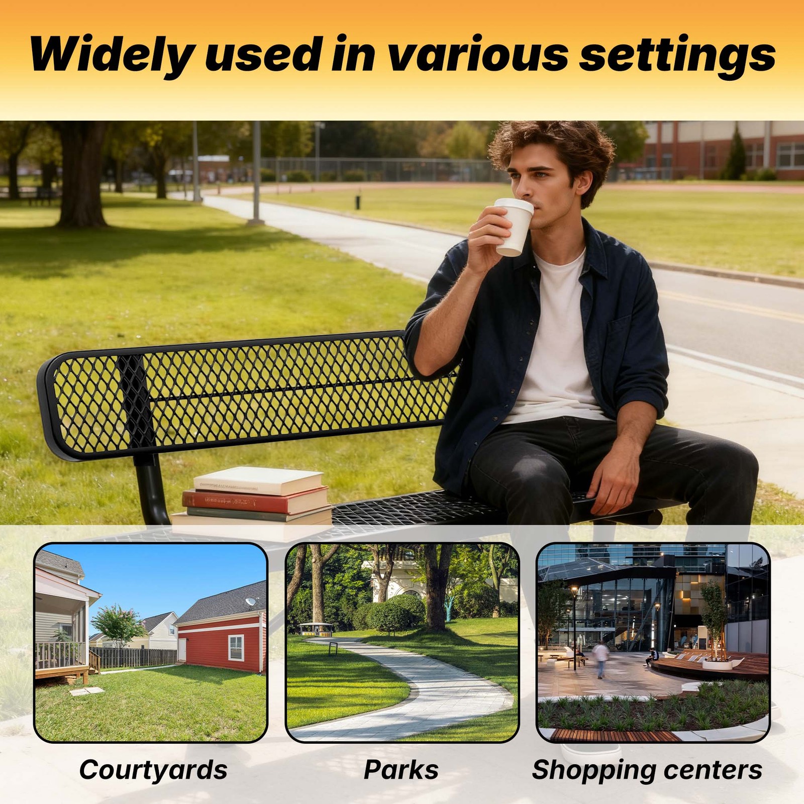 LAUCO Heavy Duty Steel Outdoor Picnic Bench, Black Powder Coated, 72-Inch Black