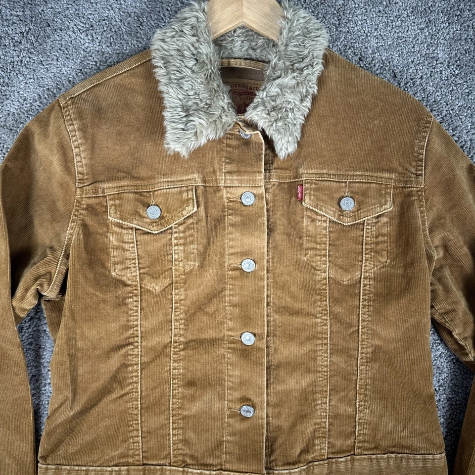 Chaqueta De Colección Levis Misses M Dorado Marrón Pana Tipo 3 Camionero Cuello de Piel Sintética Foto 3 de 4