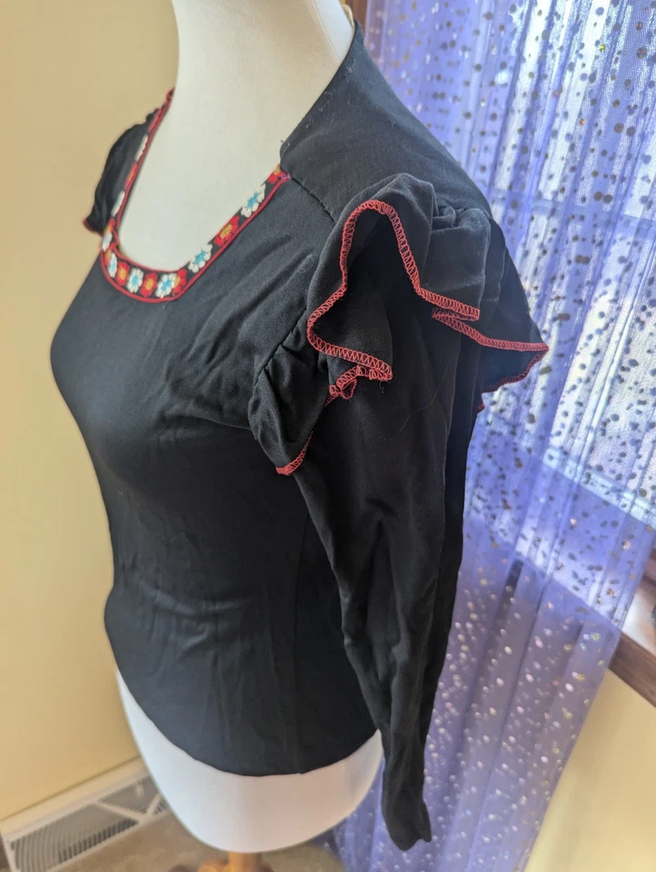 Camisa Top Vintage Años 70 Hippie Mangas con Volantes Borde de Cinta Negra Nylon Talla Pequeña Foto 4 de 4