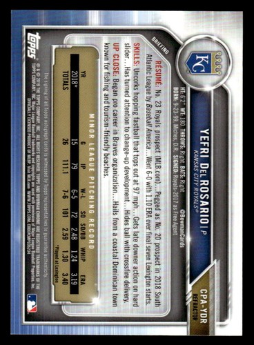 Bowman Chrome Yefri Del Rosario 2019 primer auto refractor novato/499! Royals - Imagen 2 de 2