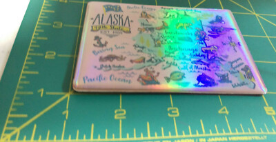 Alaska Magnet Colorful like an Aurora ! Metallic Foil with Alaskan Icons and Map