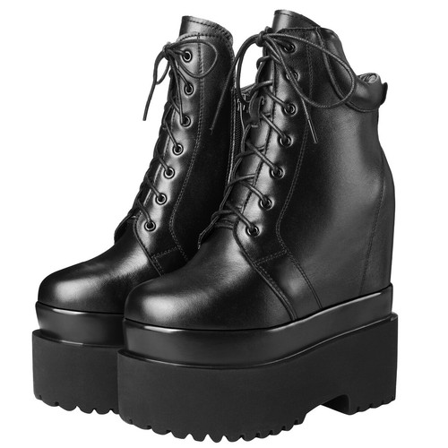 Black White Shoes Women's Cow Leather Wedge High Heels Snow Boots Platform Pumps - Picture 13 of 16