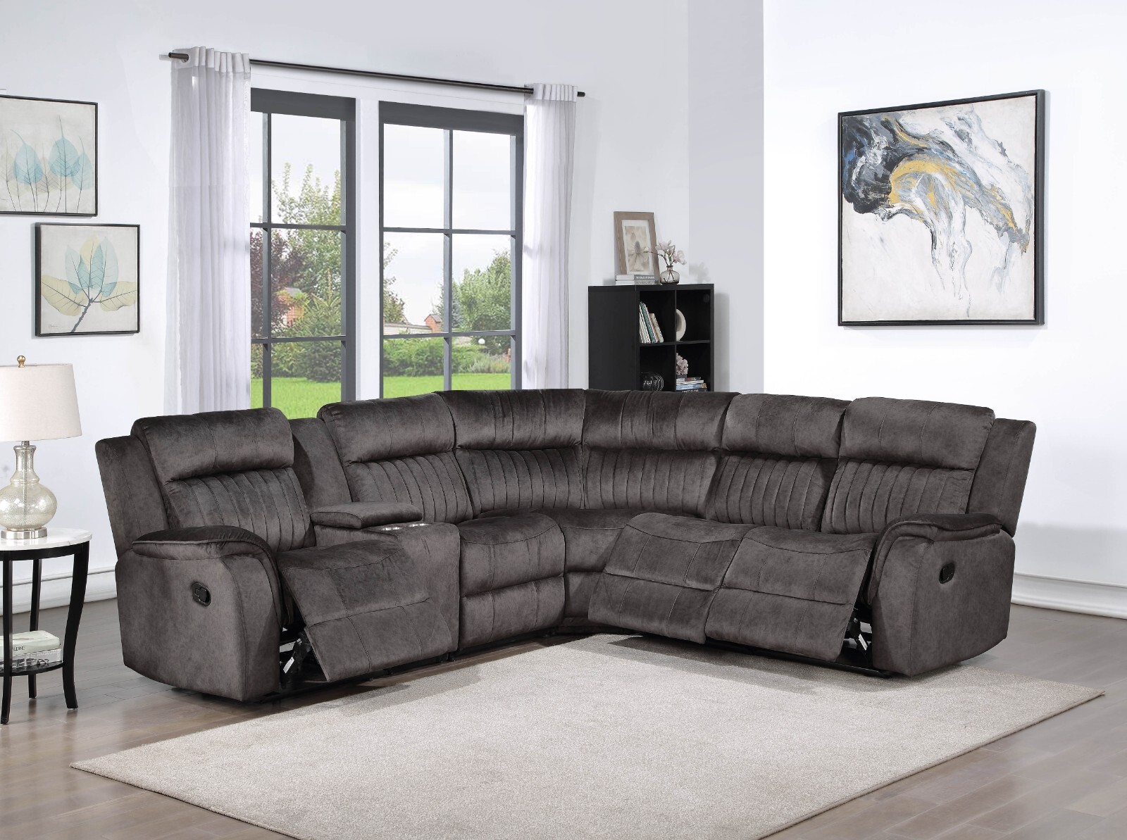 Living Room Modular Sectional Sofa w/ Manual Recliners, Pillow Back, Dark Gray