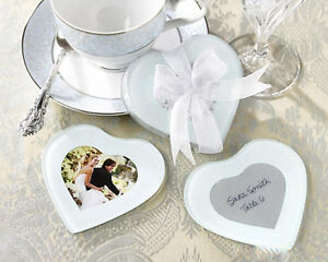 25 White Wedding Bomboniere Glass Photo Holder Coaster Heart Bomboniere 2 P Set Ebay