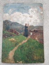 giuseppe BUSCAGLIONE huile sur panneau oil panel date 1898 femme enfant montagne