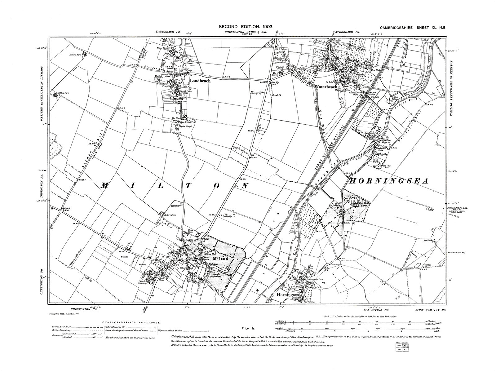 Horningsea (N), Landbeach, Milton, Waterbeach, old map Cambs 1903 40NE eBay