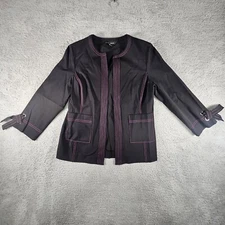 Ming Wang Cardigan Womens XS Black Pink Contrast Open Front Pockets Officecore