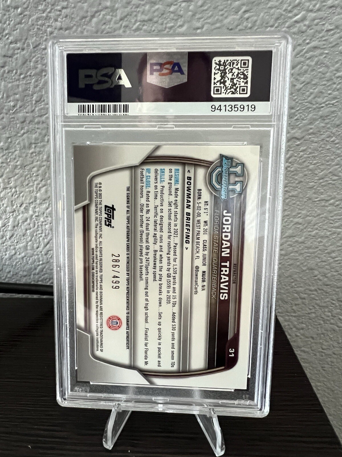 2022 Bowman Jordan Travis 1st /499 Auto PSA 9 FSU/NY Jets 🔥🔥 view 2