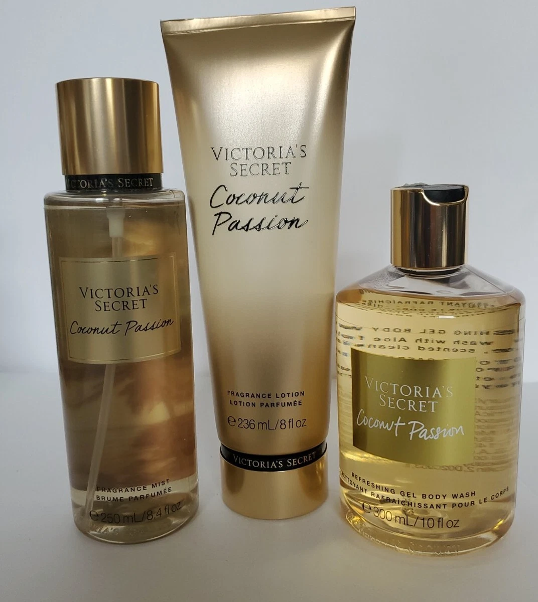 3 PCS SET VICTORIA'S SECRET COCONUT PASSION FRAGRANCE MIST BODY CREAM+ BODY  WASH