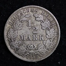1912-A GERMAN 1/2 MARK Silver Coin .0802 ASW B070 QE