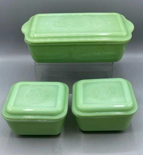 VTG 1950s Fire King Jadeite Glass Philbe Set Of 3 Refrigerator Dish & Lids
