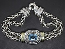 David Yurman 925 Silver 18k Gold Double Wheat Chain Topaz Albion Bracelet 60.2g