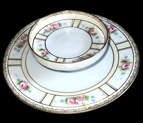 VTG Nippon Tiered Cheese Crackers Dish Handpainted Pink Roses Gold Trim Flowers - Picture 2 of 6