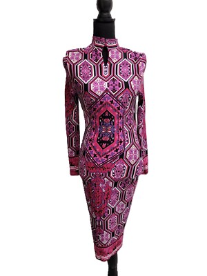Venus Multicolor Dress (S) Geometric Stand-Up Collar Neck Cut-Out Figure Flatter