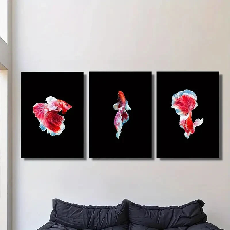 3pcs Thai Fighting Fish Photography, Red Fish  Metal Print  Ready to Hang Art