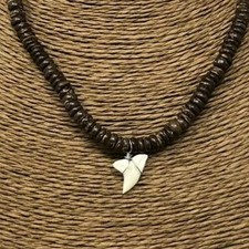 Fossil Shark Tooth Pendant Surfer Necklace for Men  Wood Beads