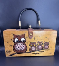 Enid Collins of Texas MCM Wise Guys Wooden Box Bag Evening Purse Owls 1962 READ