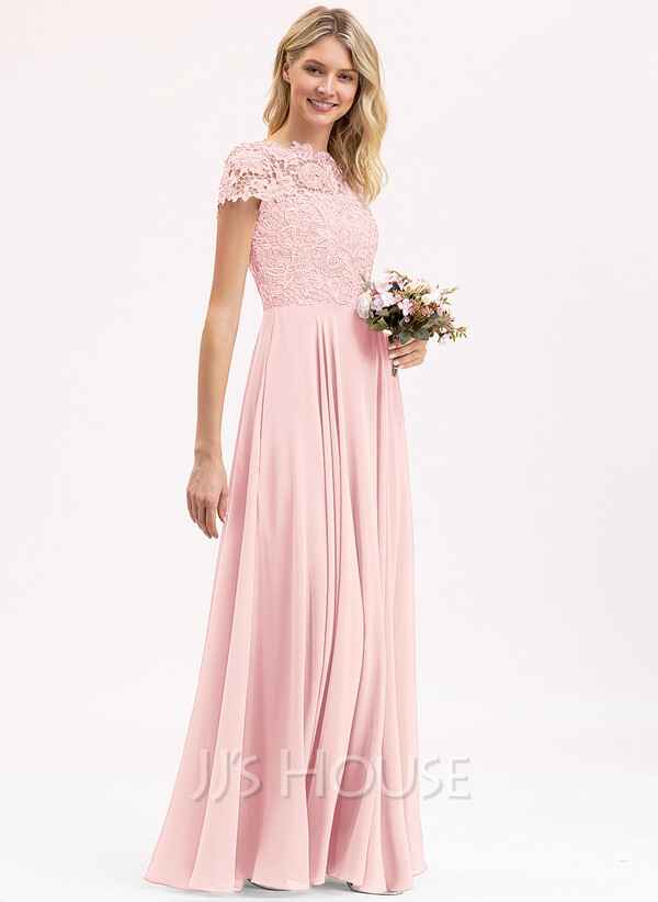 navy blue dress for baby girl A-Line Scoop Neck Floor-Length Chiffon Lace Bridesmaid Dress With Pockets