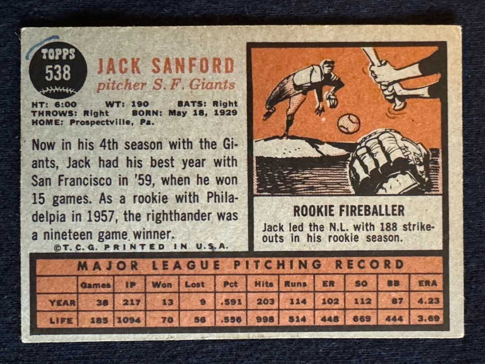 1962 Topps Baseball Card Jack Sanford #538 BV $20 EXMT Range High # Card CF - Image 2 of 2