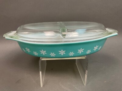 Vintage Pyrex Turquoise Snowflake Divided Dish With Lid  MCM Hot & Cold
