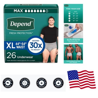 Odor Control Men's Incontinence Underwear, Grey - 26 Count Extra-Large Diapers