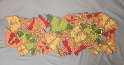 PIER 1 IMPORTS 35 x 13" Beaded Butterfly Cluster Table Runner Tan Red Green