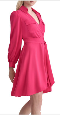 DKNY Dress Size 12 Pink Wrap-Look Fit & Flare Belted Cascading Hem NWT APR181