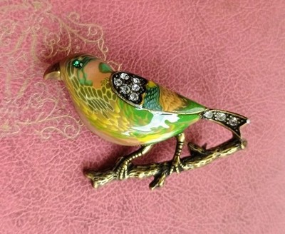 Colorful Poured Enamel Nightingale Bird On A Branch Brooch w/ Rhinestone Accents