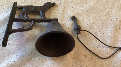 Cast iron wall hanger dinner bell with dog 7  x 7  rustic brown