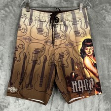 Hard Rock Cafe Mens 28 Vintage Surf Pinup Board Shorts Brown Guitar HR-5002 NWT