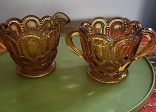 L E Smith Moon And Stars Amber Sugar And Creamer Set Amber Glass MCM