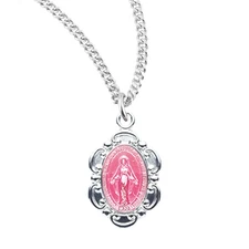 Sterling Silver Pink Enameled Oval Fancy Edge Miraculous Medal Necklace 18"Chain