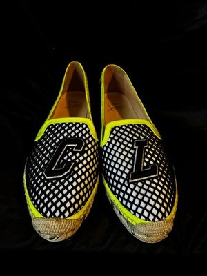 Christian Louboutin Mesh Logo Neon Yellow Trim Slip-On Flat Women's EU 42 no box