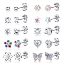 10 Pairs Hypoallergenic Surgical Steel Stud Earrings for Women Girls CZ Heart Bu