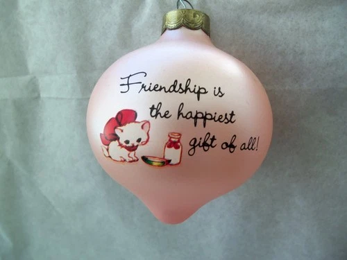 Vtg Pink Glass Friendship Ornament!  CATS!  KITTEN!  GIRL!  TEARDROP SHAPE!