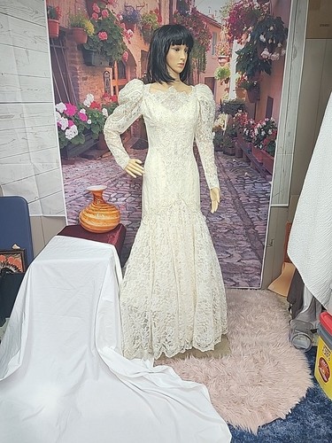 vintage Y2K Ivory Cream Satin beaded n Lace w/ sequin boho Maxi Dress S - Picture 2 of 9
