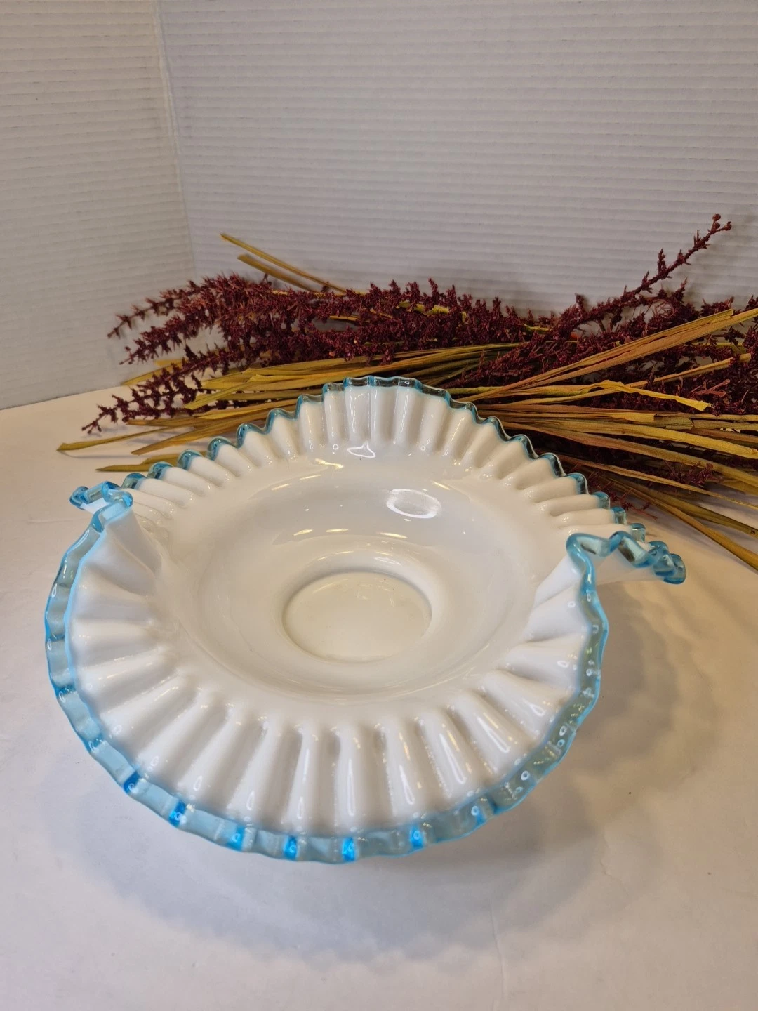 LARGE VTG FENTON Milk Glass Aqua Crest Ruffled Rim Bowl W Centered Hole 10.5"w