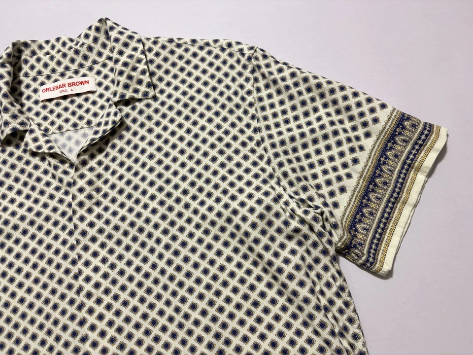 ORLEBAR BROWN Shirt Linen-Blend Camp Button Up Short Sleeve Geometric Mens Large Foto 4 de 4