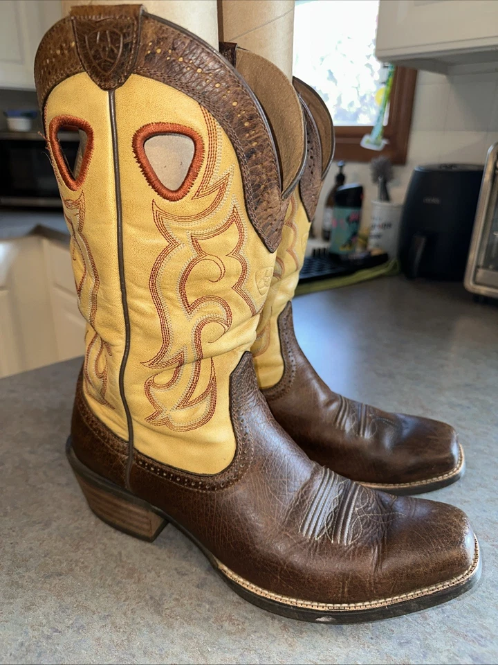 BOTAS VAQUERAS AARIAT CUERO CRUDO MARRÓN Y AMARILLO PUNTA CUADRADA #10006864 PARA HOMBRE 11D Foto 2 de 4