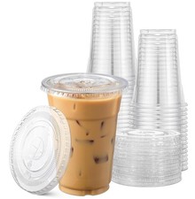 100 Sets 16 oz Clear Plastic Cups with Flat Lids - Crystal Drinkware for Parties