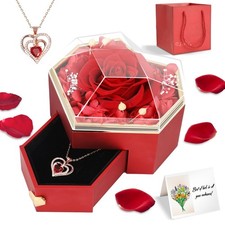 Preserved Real Red Rose Gift Box with Heart Necklace - Eternal Flower Gift fo...