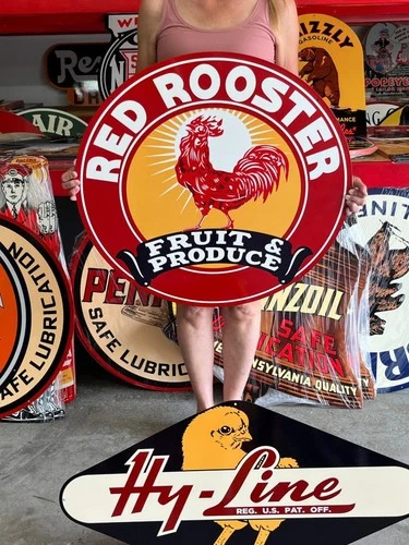 Vintage Old Style Sign Red Rooster Produce NOT Porcelain Made in USA 30x30
