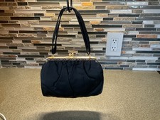 Vtg. Harry Levine-HL Black Evening Bag Kiss Latch with Rhinestone Accents