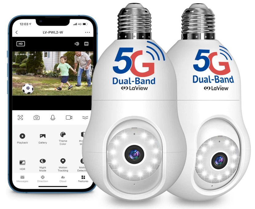 LAVIEW 5G 4MP Bulb Security Camera 2.4GHz, 360° 2K Security Cameras 2 Pack-WHITE - Image 3 of 4